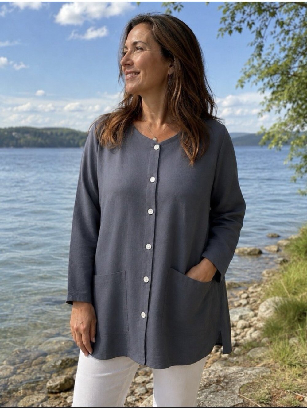 Dr Flax Long Sleeve Shirt L/XL Blue Euro Washed Linen Oversized Lagenlook NEW